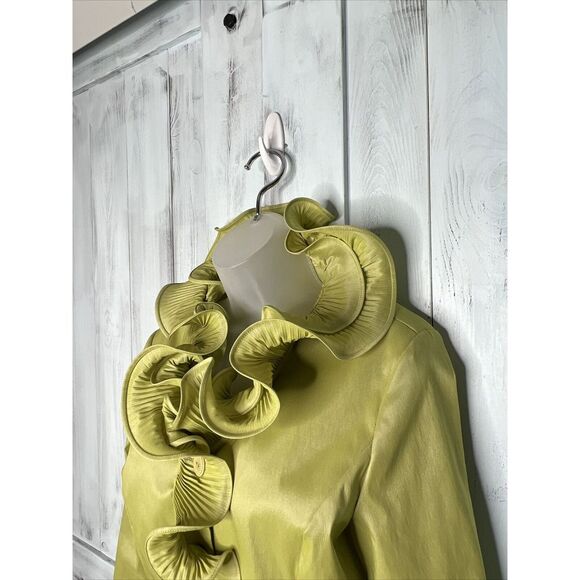 SAMUEL DONG LIME GREEN CHARTREUSE BUTTON UP WIRED RUFFLE COLLAR STRETCH SHIRT S - Picture 5 of 15